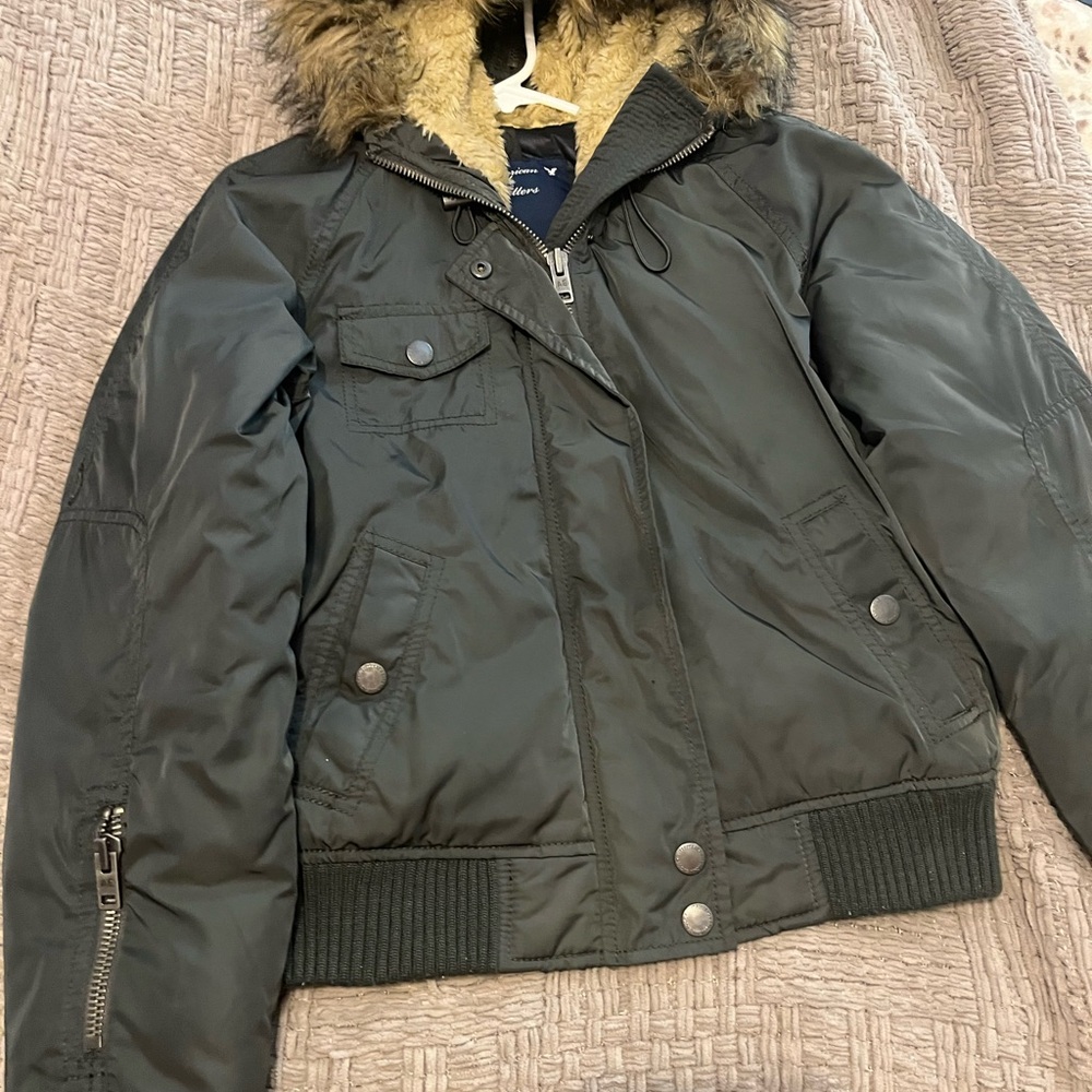 American Eagle Outfitters Dark Green Bomber Jacket with Faux Fur Trim